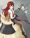  2girls blush boots brown_hair hashida_itaru jacket labcoat legwear_under_shorts long_hair makise_kurisu multiple_boys multiple_girls necktie okabe_rintarou pantyhose red_neckwear shiina_mayuri shorts smile steins;gate yoruda 