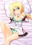  bare_shoulders blonde_hair bra breasts charlotte_dunois cleavage green_bra green_panties infinite_stratos jewelry lingerie long_hair long_legs lying masakichi_(crossroad) necklace open_clothes panties pillow ponytail purple_eyes small_breasts smile solo underwear undressing uniform 