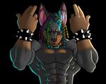  abs black blue_eyes braids canine collar dog faint glowing_eyes hair looking_at_viewer male metal muscles rainbow solo spikes 