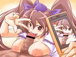  areolae breasts brown_eyes brown_hair cellphone fellatio hat hetero highres himekaidou_hatate inverted_nipples kobayashi_tetsuya large_breasts long_hair nipples oral paizuri penis phone tokin_hat tongue touhou twintails v 