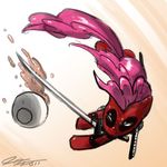  bowl crossover deadpool equine female feral friendship_is_magic hair horse john_joseco mammal marvel mask my_little_pony parody pink_hair pinkie_pie_(mlp) pinkiepool_(mlp) pony skinsuit solo sword weapon 