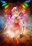  ascot bad_id bad_pixiv_id blonde_hair bobby_socks fang flandre_scarlet floral_background glowing hands hat highres laevatein mary_janes michii_yuuki open_mouth red_eyes shoes short_hair side_ponytail smile socks solo touhou wings 