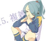  bad_id bad_pixiv_id blue_hair fumiko_(throughx2) hair_over_one_eye hands_together inazuma_eleven inazuma_eleven_(series) jacket kazemaru_ichirouta long_hair male_focus own_hands_together ponytail sitting solo 