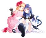  bad_id bad_pixiv_id black_gloves blonde_hair blue_hair blush bow cat_tail dress elbow_gloves feet frederica_bernkastel gloves hat holding_hands kneehighs lambdadelta long_hair mary_janes mottsun multiple_girls pink_eyes pink_hat pov_feet ribbon shoes short_hair simple_background sitting smile tail tail_bow tail_ribbon umineko_no_naku_koro_ni white_legwear 