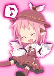  ^_^ animal_ears chibi closed_eyes dress fang frilled_sleeves frills halftone halftone_background happy hat musical_note mystia_lorelei no_nose pink_hair solo touhou wide_sleeves wings yamabuki_(yusuraume) 