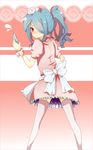  1boy apron blush crossdress crossdressing embarrassed hair_over_one_eye hat heart highres inazuma_eleven inazuma_eleven_(series) kazemaru_ichirouta long_hair male_focus nurse nurse_cap open_mouth pink_legwear pink_thighhighs ponytail red_eyes skirt solo syringe thighhighs trap wrist_cuffs 