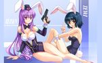  animal_ears bare_legs black_hair bow bowtie breasts bunny_ears bunny_tail bunnysuit cleavage gun handgun hat high_heels inaba_tewi legs long_hair medium_breasts multiple_girls pico_(picollector79) pistol purple_hair red_eyes reisen_udongein_inaba shoes short_hair small_breasts tail touhou v wallpaper weapon 