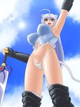  animal_ears armpits boots breasts bustier dog_days fang foreshortening hiro_(hankakudouga) knee_boots large_breasts legs leonmitchelli_galette_des_rois lingerie long_hair open_mouth panties solo sword tail thighs thong underwear weapon white_hair yellow_eyes 