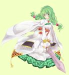  braid cape dress full_body glasses green_hair hair_ornament hairpin jewelry kneeling long_hair philia_felice purple_eyes ribbon round_eyewear sanae_(mfn00) simple_background smile solo sword tales_of_(series) tales_of_destiny twin_braids twintails weapon white_dress yellow_background 