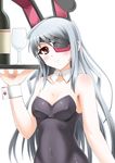  absurdres alcohol animal_ears bottle breasts bunny_ears bunnysuit cup drinking_glass eyepatch highres infinite_stratos laura_bodewig long_hair medium_breasts moeki_yuuta red_eyes silver_hair solo tray wine wine_glass 