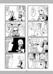  3girls 4koma :d ^_^ apron bat_wings braid breast_envy breasts closed_eyes comic crescent cup floating greyscale hand_behind_head hat head_wings izayoi_sakuya koakuma low_wings maid maid_headdress medium_breasts monochrome multiple_4koma multiple_girls naked_towel necktie open_mouth patchouli_knowledge smile teacup teapot touhou towel translated tsurusaki_yuu vest waist_apron weighing_scale wings 