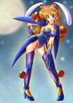  animal_ears armor blue_leotard boots breasts brown_hair bunny_ears choker elbow_gloves full_body full_moon ginga_ojou-sama_densetsu_yuna gloves green_eyes hairband hand_on_hip highres leaning leotard long_hair mecha_musume medium_breasts moon pauldrons purple_legwear smile solo thigh_strap thighhighs tokudaiji_mai yakkey 