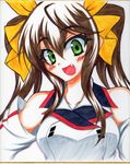  :d bare_shoulders brown_hair fang green_eyes hair_ribbon huang_lingyin infinite_stratos open_mouth ribbon smile solo twintails uniform 