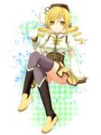  blonde_hair crossed_legs cup drill_hair highres mahou_shoujo_madoka_magica panties pantyshot pantyshot_(sitting) sitting smile solo striped striped_legwear thighhighs tomoe_mami twin_drills twintails underwear vertical-striped_legwear vertical_stripes white_panties yayoi_(egoistic_realism) yellow_eyes 