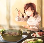  :t bowl brown_hair chopsticks closed_eyes eating el_(mushboom) food hair_ornament hairclip happy hotpot indoors meat original plate salad short_hair solo table vegetable 