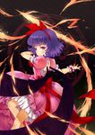  alternate_hairstyle bad_id bad_pixiv_id blue_hair bob_cut bow danmaku dress hair_ribbon highres magic_circle no_hat no_headwear pink_dress red_eyes remilia_scarlet ribbon s.advent solo spear_the_gungnir touhou wings 