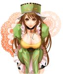  breasts brown_eyes brown_hair claudia_(saga) cleavage collar hat large_breasts leaning_forward long_hair looking_at_viewer puffy_sleeves romancing_saga saga seqet-aru 