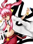  animal_ears arc_system_works bell belt blazblue bracelet breasts candy cat_ears cat_tail cogarasumaru female glasses highres jewelry kokonoe labcoat lollipop long_hair midriff orange_eyes pants pink_hair ponytail ribbon small_breasts solo tail underboob white_background yellow_ribbon 