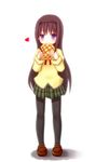  :t akemi_homura bita black_legwear blush bread eating food hairband heart highres long_hair mahou_shoujo_madoka_magica mitakihara_school_uniform pantyhose purple_eyes school_uniform simple_background solo standing 