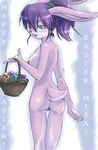  back basket breasts butt chest_tuft easter eggs female green_eyes jumpyneko lagomorph looking_at_viewer looking_over_shoulder nipples nude open_mouth ponytail purple_hair pussy rabbit raised_tail side_boob solo tail thigh_gap 