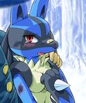  blue blush breasts bruise bruised fang female forest g-sun human looking_at_viewer lucario pok&eacute;mon red_eyes solo sticking_plaster tears trainer tree wounded 
