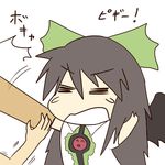  =_= ^_^ arm_cannon black_hair bow closed_eyes efe face green_bow hair_bow head_bump lowres open_mouth reiuji_utsuho solo tears touhou translated weapon wings 