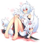  animal_ears bad_id bad_pixiv_id barefoot chibi clone detached_sleeves feet hat highres inubashiri_momiji kazami_ryouya minigirl multiple_girls multiple_persona red_eyes short_hair sword tail tokin_hat touhou weapon white_hair wolf_ears wolf_tail 