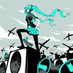  aircraft airplane aqua_eyes aqua_hair bad_id bad_pixiv_id danzero english gloves hand_on_hip hatsune_miku headphones koi_wa_sensou_(vocaloid) long_hair megaphone necktie pantyhose skirt solo speaker twintails very_long_hair vocaloid 