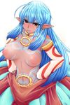  ahoge areolae armlet bad_id bad_pixiv_id blue_hair bodypaint breasts collarbone detached_sleeves earrings elf hands_on_hips jewelry konoe_(roaroaroa) large_breasts long_hair navel necklace nipples original pointy_ears red_eyes simple_background skirt solo tears topless wavy_mouth 