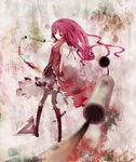  alternate_hairstyle bare_shoulders blurry boots depth_of_field detached_sleeves fang foreshortening highres long_hair mahou_shoujo_madoka_magica polearm red_eyes red_hair sakura_kyouko solo spear thighhighs weapon yudough 