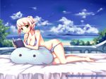  barefoot bikini blonde_hair blood_elf blush book breasts cleavage elf green_eyes large_breasts pointy_ears smile solo swimsuit warcraft windforcelan world_of_warcraft 