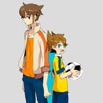  bad_id bad_pixiv_id ball blue_eyes brown_eyes brown_hair endou_mamoru inazuma_eleven_(series) inazuma_eleven_go jacket male_focus matsukaze_tenma multiple_boys simple_background soccer_ball soccer_uniform sportswear telstar tomo10 