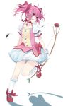  bad_id bad_pixiv_id bow bow_(weapon) bubble_skirt choker dress flower full_body gloves hair_bow highres kaname_madoka magical_girl mahou_shoujo_madoka_magica mizuki_(koko_lost) open_mouth pink_eyes pink_hair puffy_sleeves red_choker red_flower red_rose rose shoes short_hair short_sleeves short_twintails simple_background skirt smile socks solo twintails weapon white_gloves white_legwear 