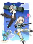  animal_ears black_legwear blonde_hair blue_eyes blush cat_ears cat_tail chibi drum_magazine dual_drum_magazine eila_ilmatar_juutilainen flower fox_ears fox_tail green_eyes gun heart hirschgeweih_antennas lily_(flower) long_hair machine_gun mg42 military military_uniform multiple_girls multishot_rocket_launcher necktie nemo_(piisukun) pantyhose rifle rocket_launcher sanya_v_litvyak short_hair silver_hair strike_witches striker_unit tail tonttu uniform weapon white_legwear world_witches_series 