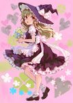  ama-tou blonde_hair bobby_socks bouquet braid clover flower four-leaf_clover hat heart highres kirisame_marisa loafers long_hair looking_back red_eyes shoes socks solo standing touhou witch_hat yellow_eyes 