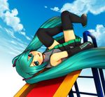  aqua_eyes aqua_hair bad_id bad_pixiv_id bare_shoulders black_legwear cloud day detached_sleeves hatsune_miku headset highres long_hair looking_back miniskirt pleated_skirt sasara_housara skirt sky slide solo thighhighs twintails upside-down very_long_hair vocaloid zettai_ryouiki 