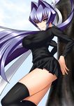  bad_id bad_pixiv_id black_legwear blue_eyes blue_hair breasts hair_ribbon large_breasts legs long_hair long_legs mitsurugi_meiya moge muvluv open_mouth ponytail ribbon smile solo thighhighs thighs very_long_hair 