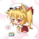  animal_ears ascot blonde_hair blush bow can cat_ears cat_tail chibi dress fang flandre_scarlet hat hat_bow heart jinnouchi_akira kemonomimi_mode open_mouth red_eyes side_ponytail slit_pupils solo spoken_heart tail touhou 