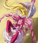  ass blonde_hair boots bow cure_melody cure_rhythm haruyama_kazunori houjou_hibiki knee_boots long_hair magical_girl minamino_kanade multiple_girls panties pink_bow pink_hair precure suite_precure thighhighs twintails underwear very_long_hair white_panties 