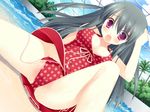  black_hair blush breasts cleavage eritsumu_hijiri game_cg highres kicking_horse_rhapsody long_hair medium_breasts miyasu_risa polka_dot polka_dot_swimsuit pool purple_eyes solo spread_legs swimsuit thighs wardrobe_malfunction 