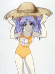  blue_hair casual_one-piece_swimsuit hat hoshino_ruri kidou_senkan_nadesico official_art one-piece_swimsuit solo straw_hat swimsuit twintails yamaoka_shin'ichi 