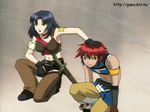  arm_support armpits belt black_eyes blue_hair boots choker couple fingerless_gloves gloves green_eyes kneeling long_hair marone_bluecarno midriff navel one_eye_closed open_mouth pants red_hair rid_hershel serious shoes short_hair star tales_of_(series) tales_of_eternia tattoo wink 