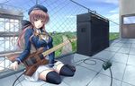  amplifier bad_id bad_pixiv_id beret effects_pedal electric_guitar guitar hair_ribbon hat instrument killer_guitars mochi.f original ponytail red_eyes red_hair ribbon rooftop school_uniform sitting skirt solo thighhighs 