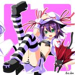  art_jam boots cape cat fang green_eyes hat john_doe_(yumekui_merry) merry_nightmare midriff navel panties pointy_ears purple_hair ribbon short_hair skirt solo striped striped_legwear striped_panties thighhighs underwear yumekui_merry 