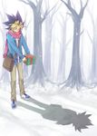  artist_request bag gift holding holding_gift male_focus multicolored_hair mutou_yuugi scarf shadow snow solo tree yuu-gi-ou yuu-gi-ou_duel_monsters 