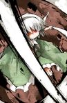  bad_id bad_pixiv_id black_hairband dual_wielding hairband holding katana konpaku_youmu poppuru red_eyes short_hair silver_hair slashing solo sword tassel touhou weapon white_hair 