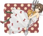  brown_eyes brown_hair dress fork hirasawa_yui k-on! oversized_object pantyhose short_hair solo striped striped_legwear tamu_(tamurarucaffe1226) 