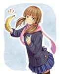  bad_id bad_pixiv_id banana black_legwear brown_eyes brown_hair food fruit highres holding holding_food holding_fruit keychain light_smile monk original pink_scarf pleated_skirt scarf school_uniform skirt solo thighhighs thumbs_up twintails yoropa zettai_ryouiki 