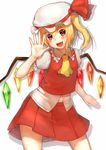  :d blonde_hair fang flandre_scarlet hands navel open_mouth outstretched_hand red_eyes short_hair side_ponytail simple_background smile solo sugimeno touhou wings 