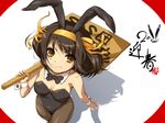  animal_ears bare_shoulders brown_eyes brown_hair bunny_ears bunnysuit hair_ribbon hairu holding holding_sign pantyhose perspective placard ribbon short_hair sign solo suzumiya_haruhi suzumiya_haruhi_no_yuuutsu 